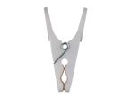 A single white plastic clothes peg with a metal spring, isolated on a white background.