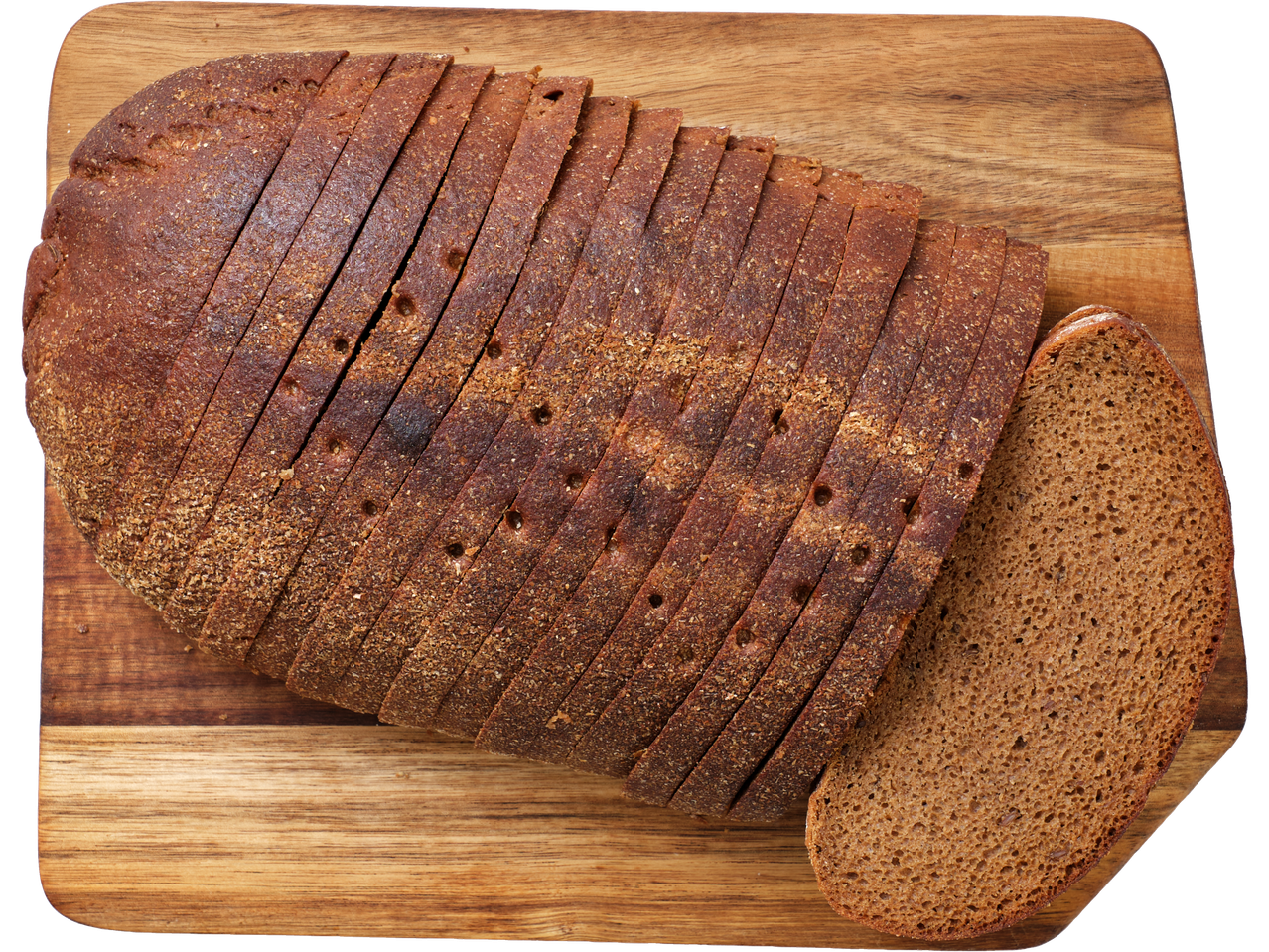 Tumeda leiva viilud puuplaadil.