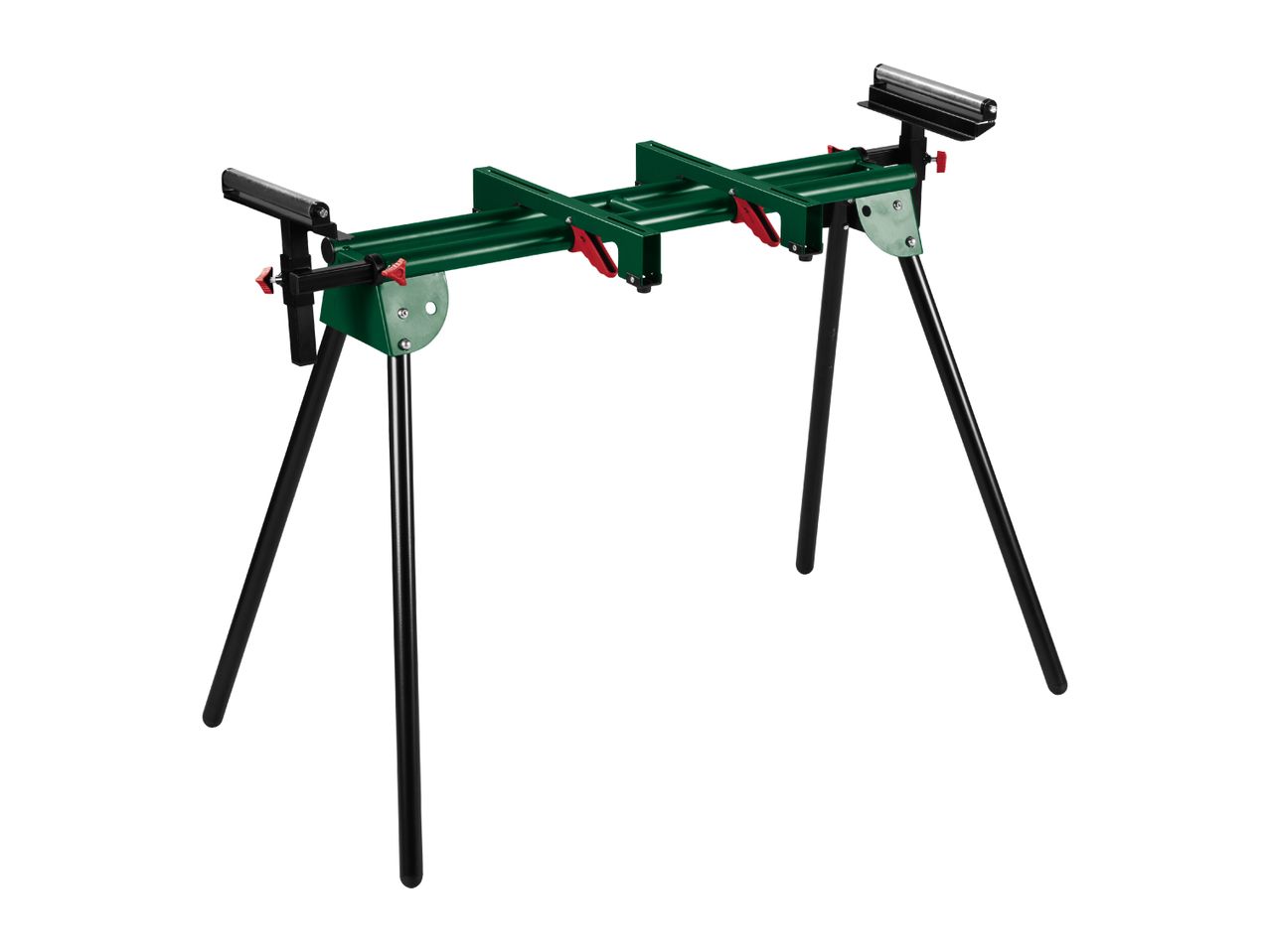 Green and black saw stand with roller supports on a white background.