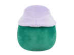Green plush toy with a lilac bucket hat.