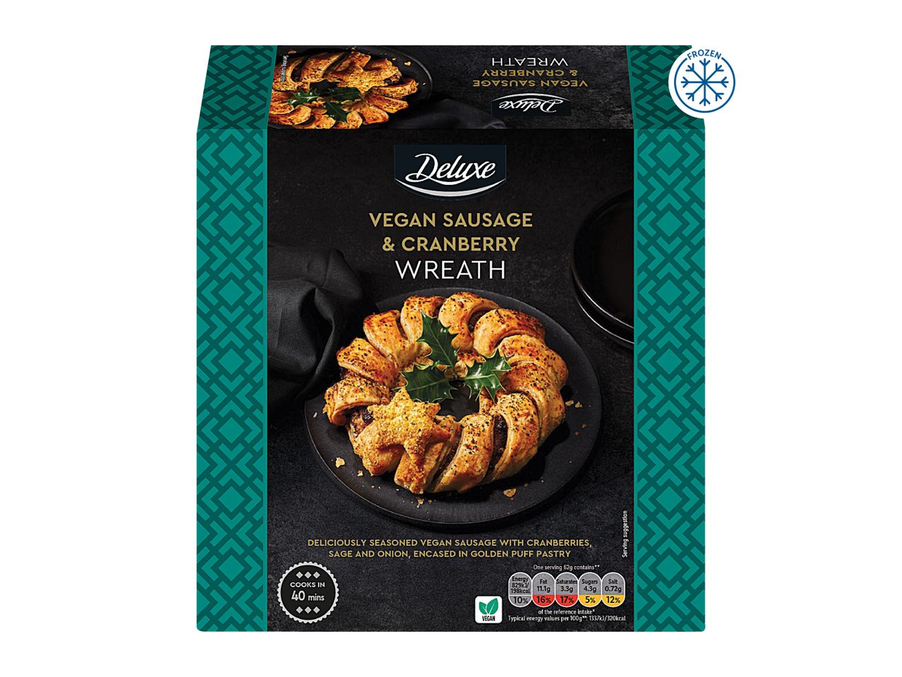 Deluxe Vegan Sausage & Cranberry Wreath in golden puff pastry, frozen product