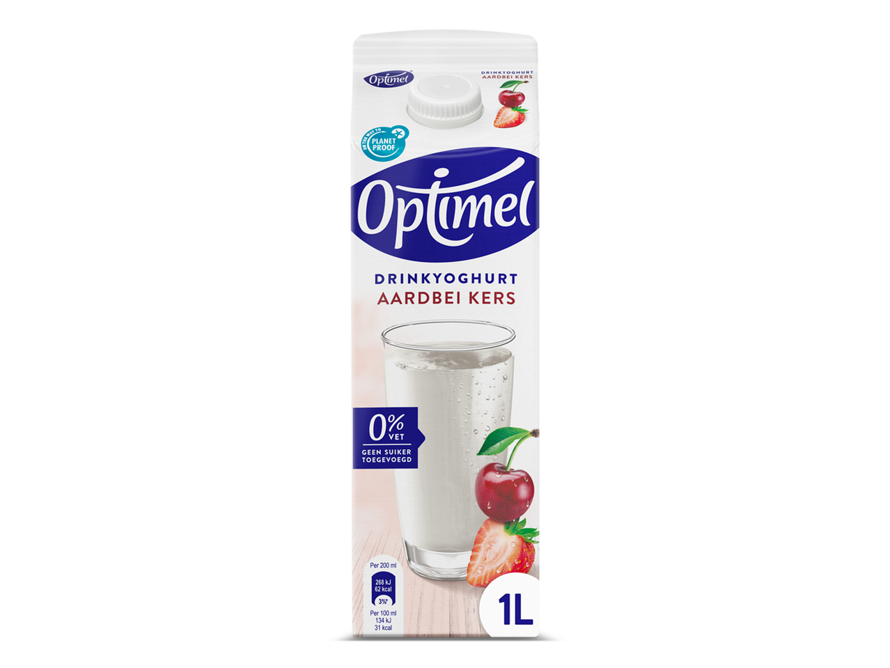 Optimel aardbei kers drinkyoghurt, 0% vet, geen suiker toegevoegd, 1L pak.