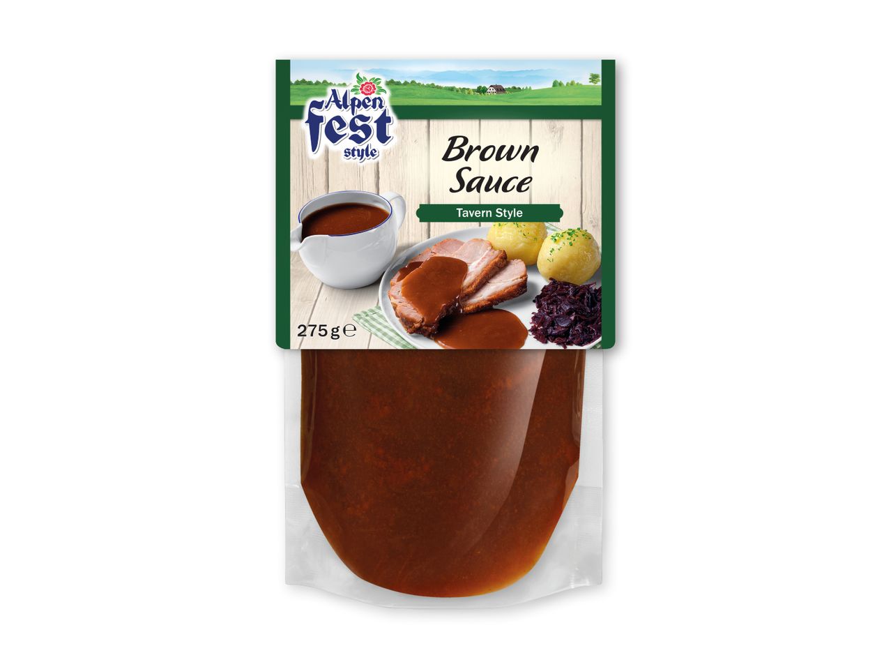 Alpen Fest Brown Sauce, Tavern Style, med kød, kartofler og rødkål.