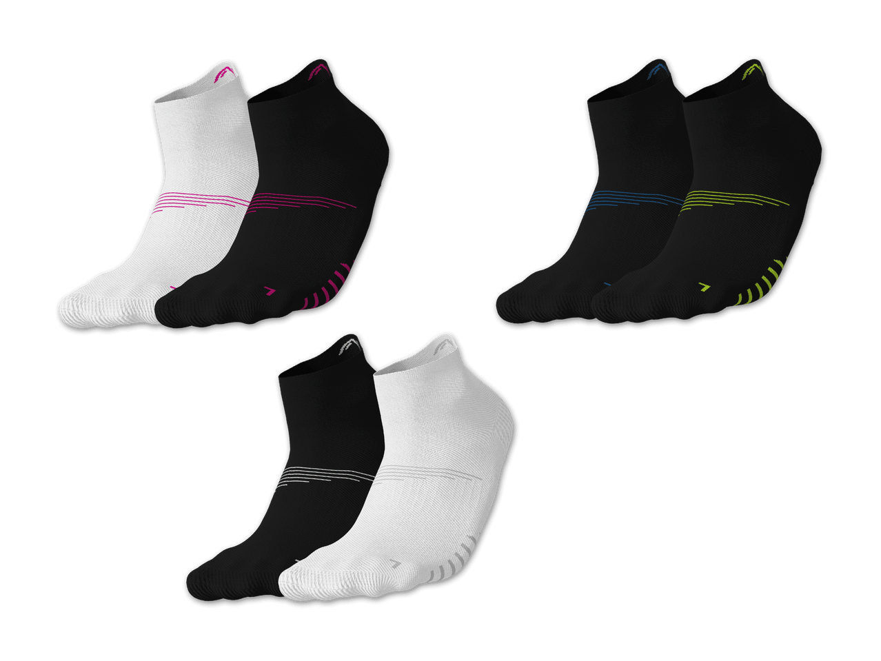 Drei Paar kurze Socken in Weiß und Schwarz mit farbigen Akzenten.