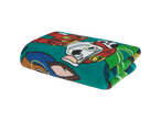 Cobertor dobrado com estampa da Patrulha Canina, verde-esmeralda, com personagens de desenho animado.