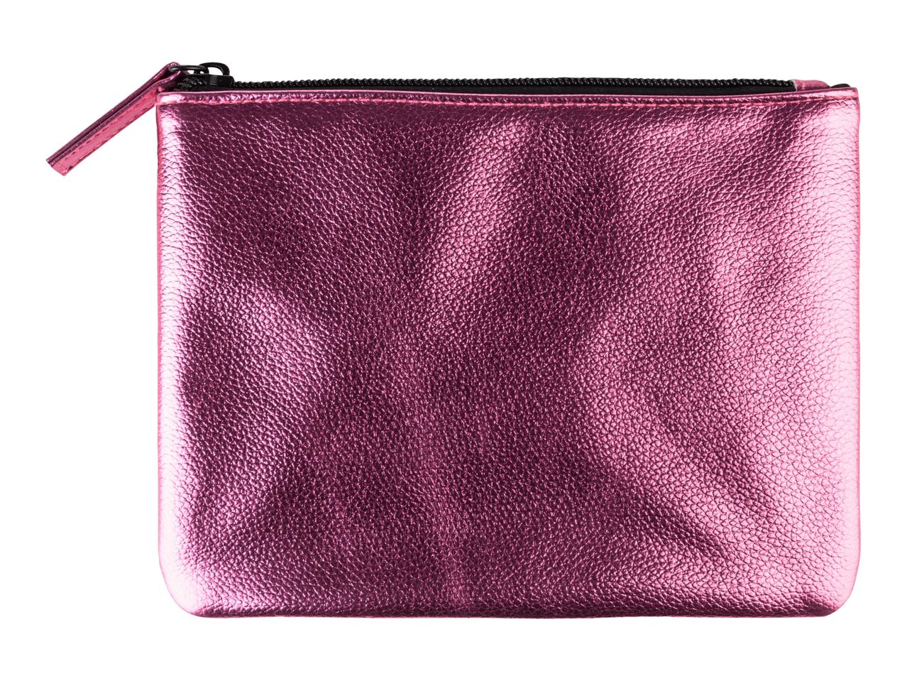 A metallic rose-pink zippered pouch.