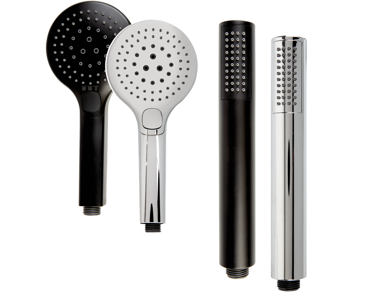 Fyra duschmunstycken i svart och krom, två runda och två avlånga.