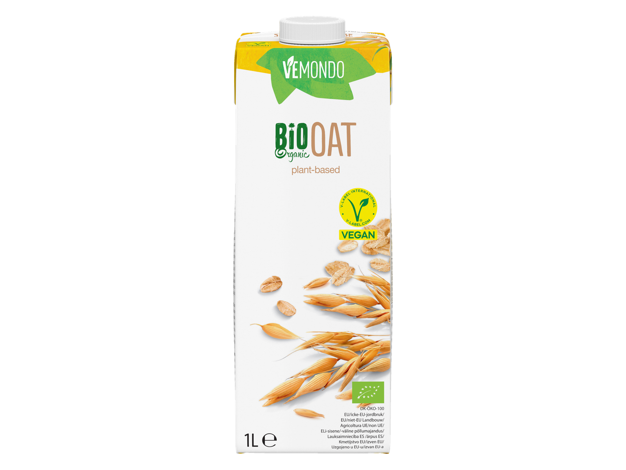 VEMONDO Bio Oat plantaardige haverdrank in een wit pak met haveraren.