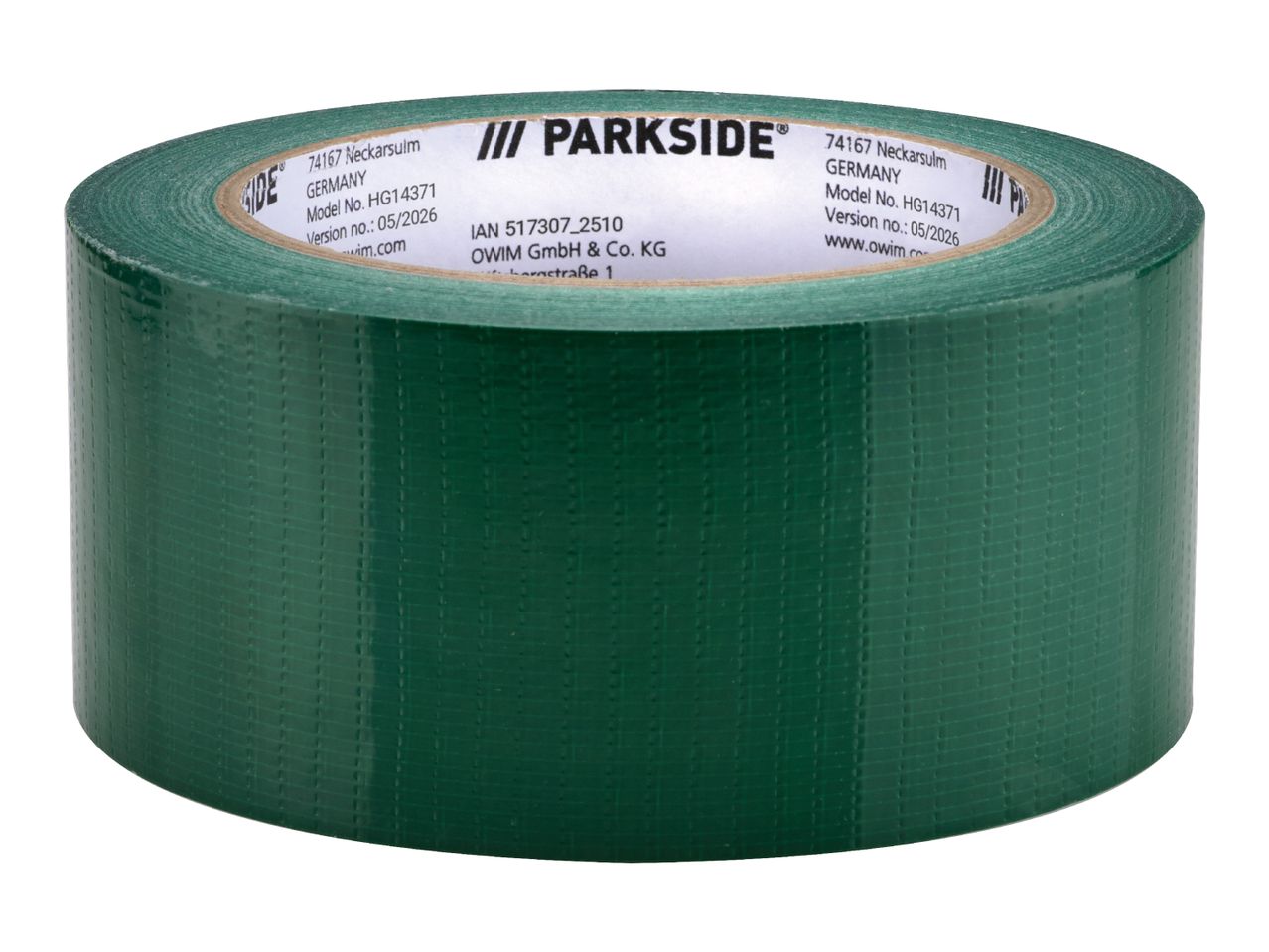 Green duct tape with product information on the core, including model number and website.