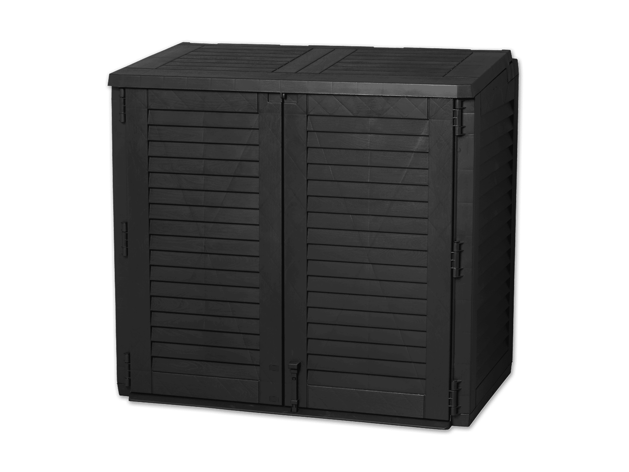 Schwarzer Gartenschrank aus Kunststoff mit Lamellentüren und flachem Dach.