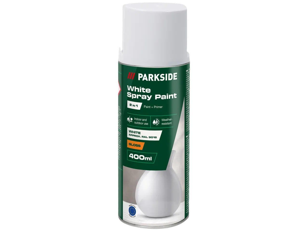 Parkside Bela Razpršilna Barva, 400ml, 2 v 1 barva in temeljni premaz, sijajni zaključek, odporna na vremenske vplive.
