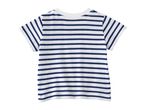 White and navy blue striped short-sleeved t-shirt, back view.