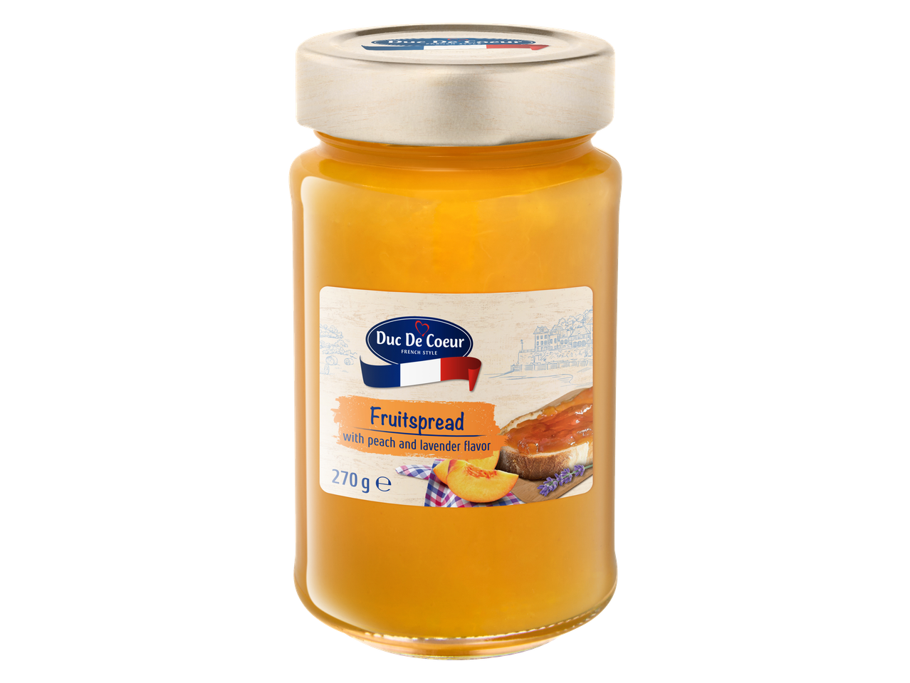 Duc De Coeur fruitspread met perzik- en lavendelsmaak, 270 g.