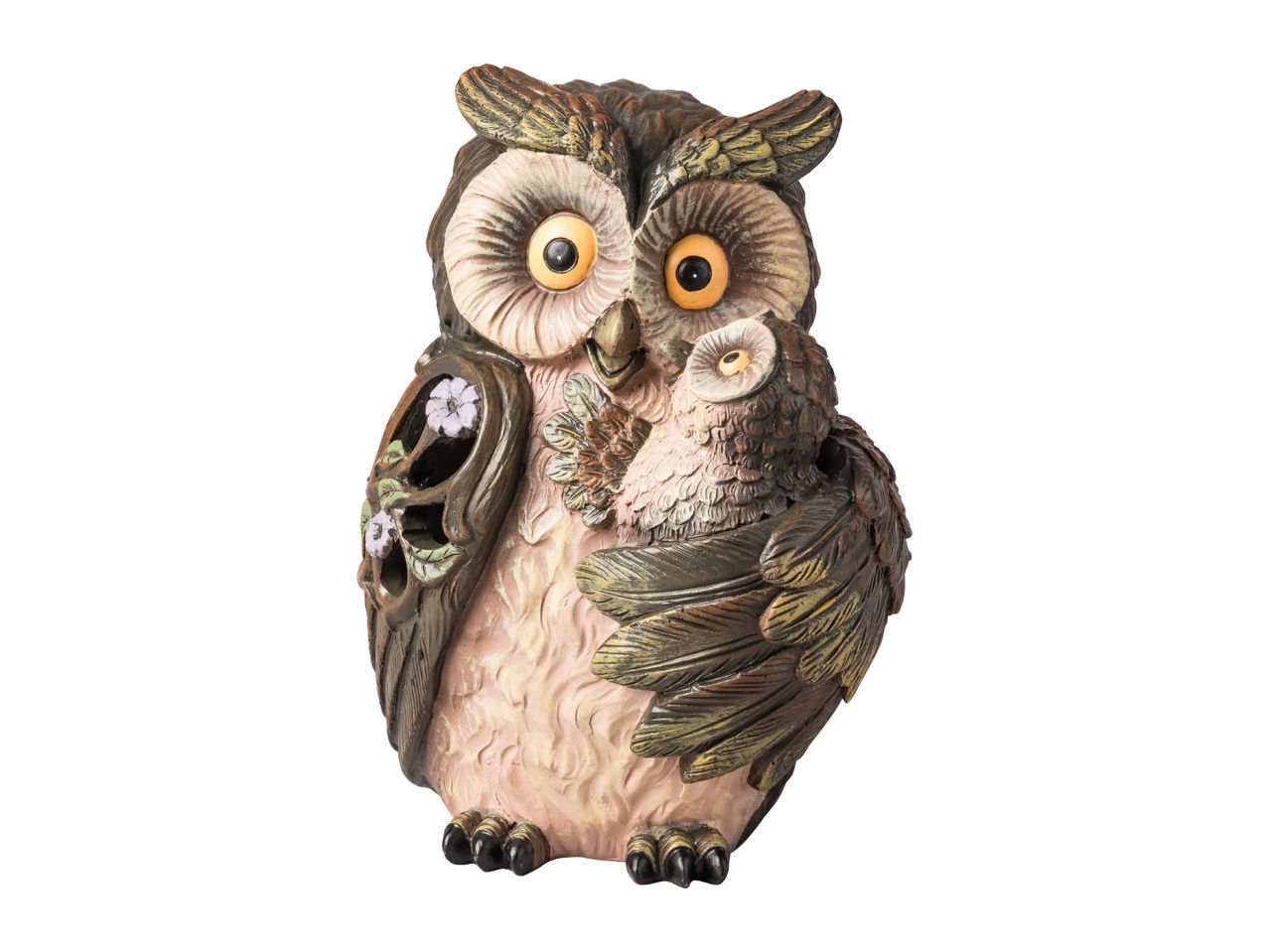 Decorative owl figurine with a baby owl, featuring intricate details and earthy tones.