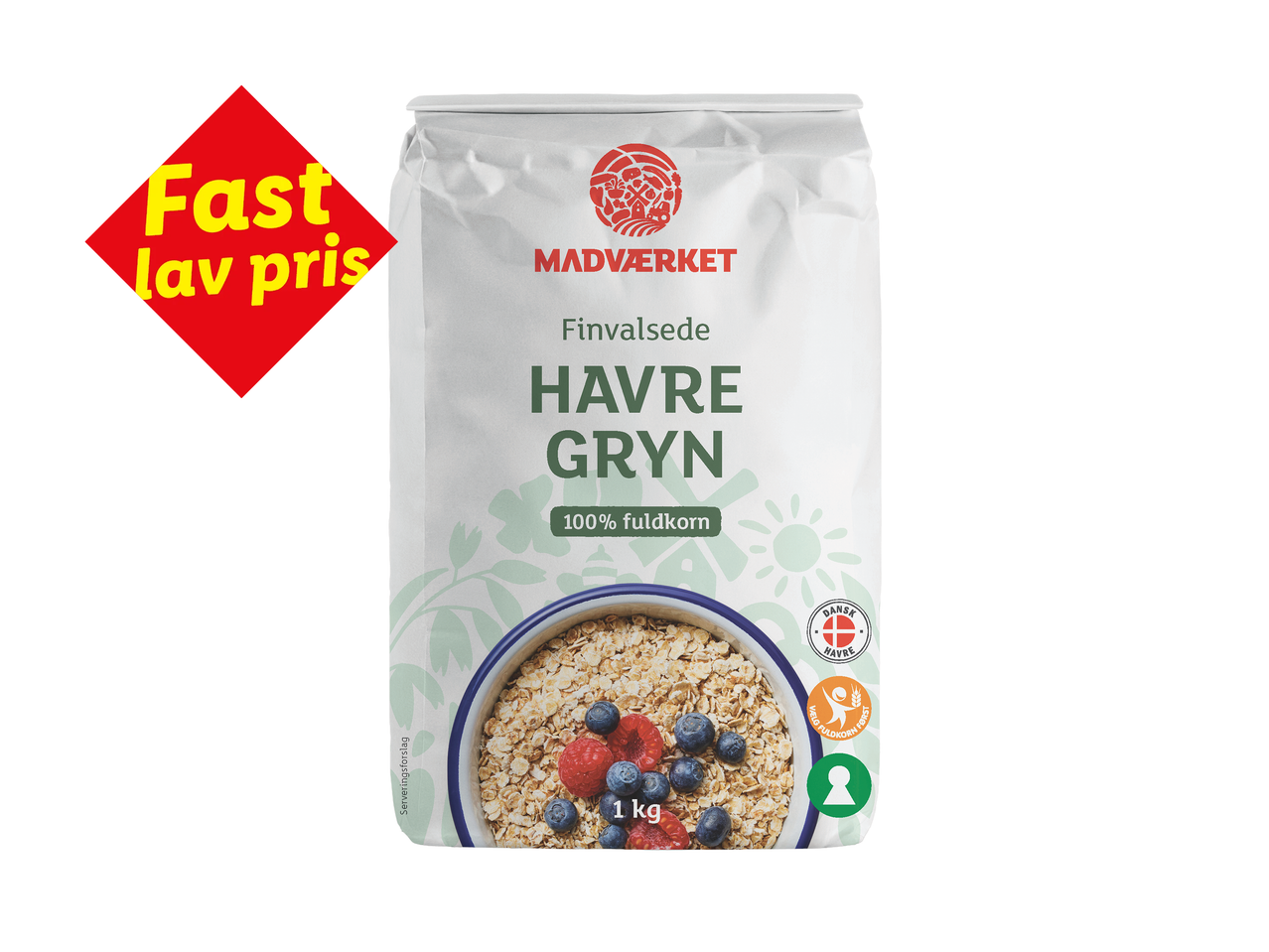 Hvid pose med finvalsede havregryn, mærket 'Fast lav pris' og '100% fuldkorn'.