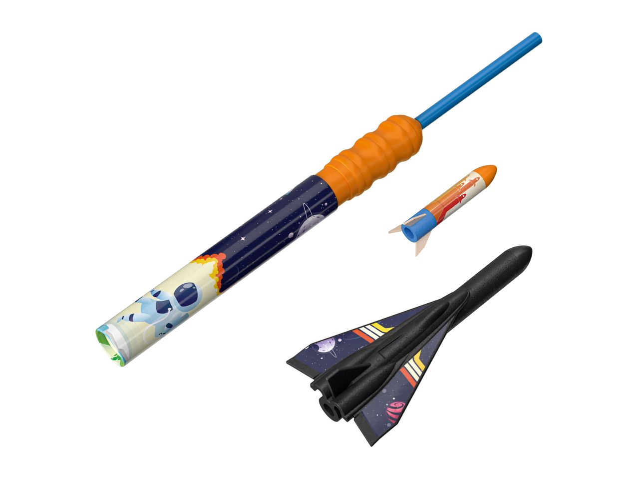 A space-themed stomp rocket toy set with launcher, rockets, and fins.