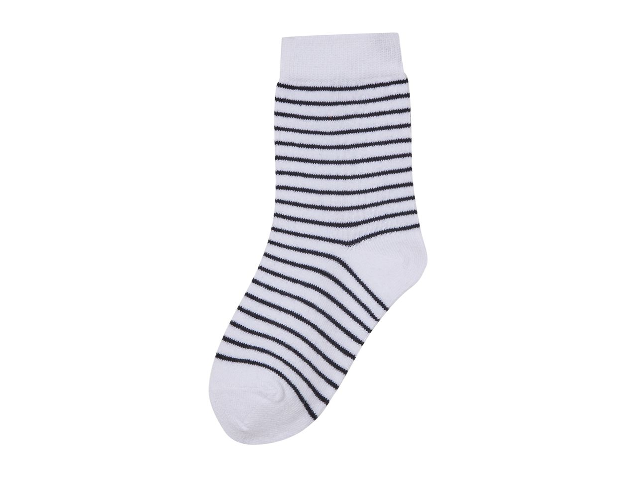 A single white sock with black horizontal stripes.
