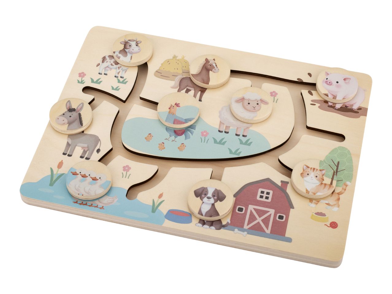 Wooden farm animal puzzle with cow, horse, pig, sheep, donkey, rooster, ducks, dog, and cat.