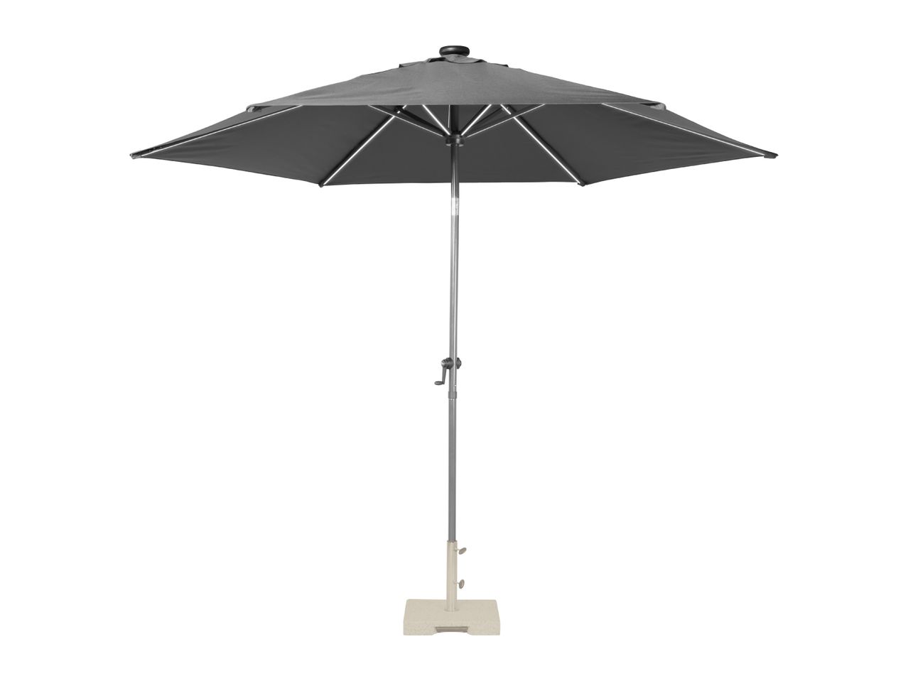 Grey patio umbrella with a light-colored base