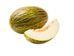 Hele Piel de Sapo meloen en een plakje op een zwarte achtergrond.