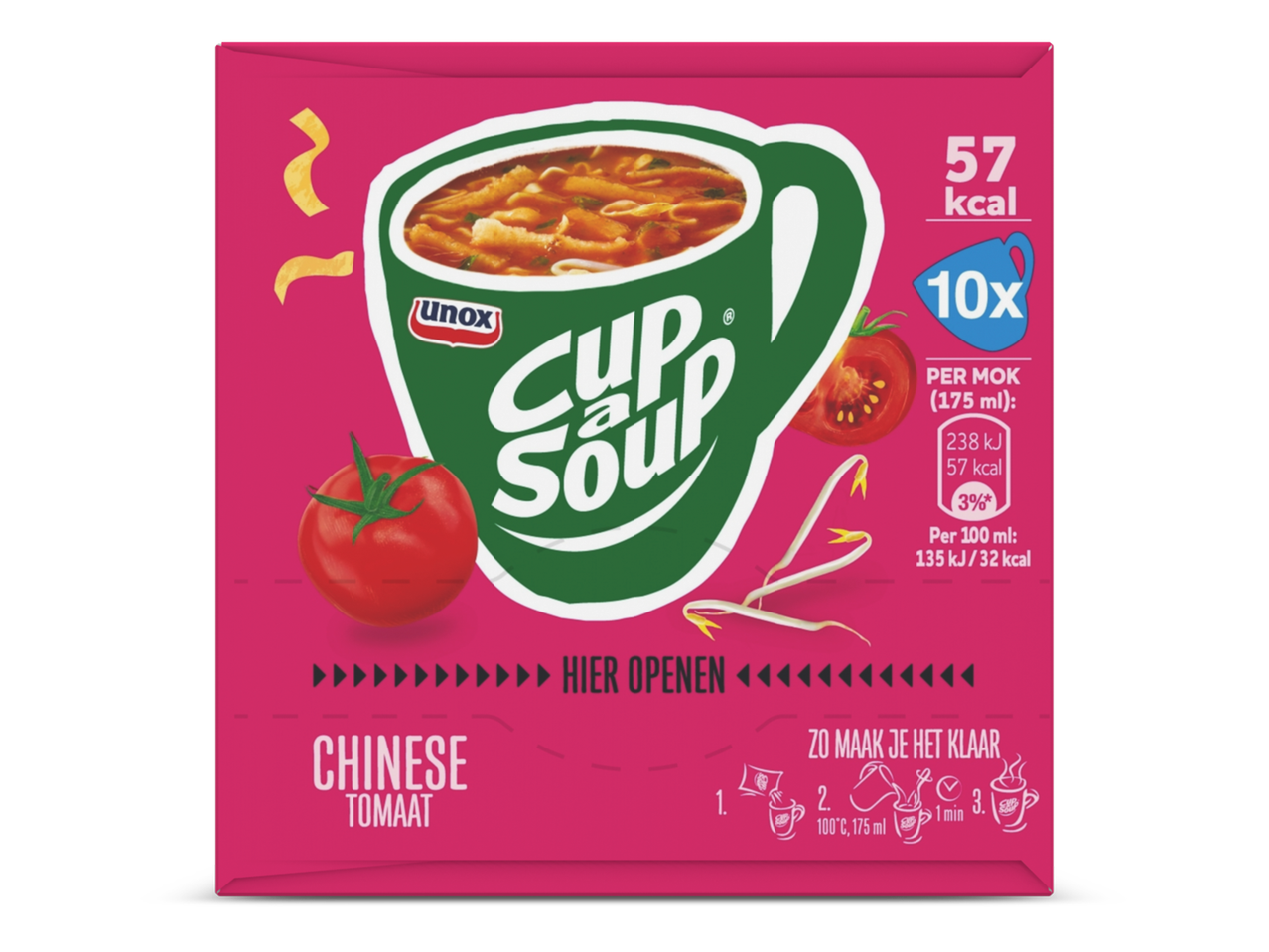Een roze verpakking van Chinese tomatensoep in zakjes voor tien koppen.