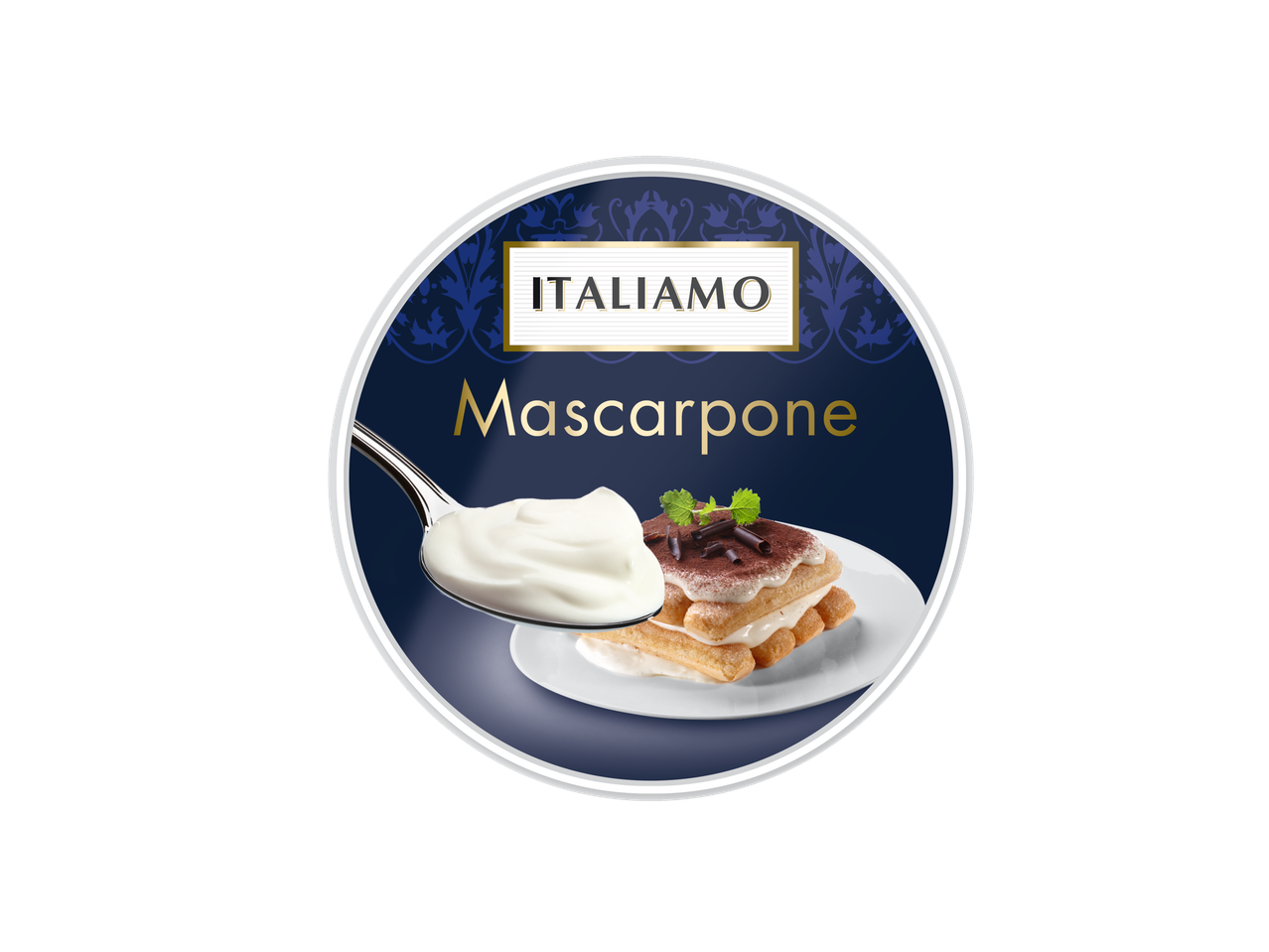 Italamo logotipas su maskarponės sūriu ir tiramisu.