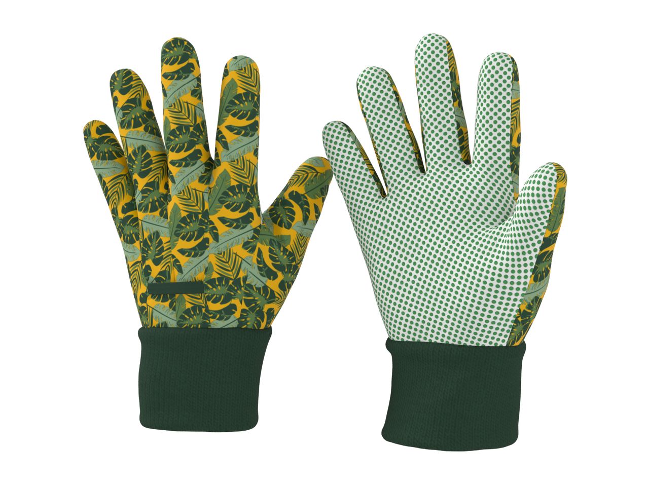 Pair of gardening gloves with a tropical leaf pattern on one side and green polka dots on the other.