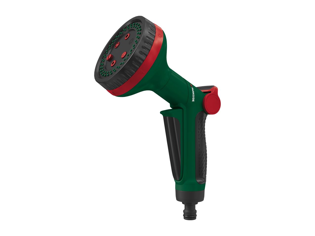 Green and red garden spray gun with multiple spray patterns.