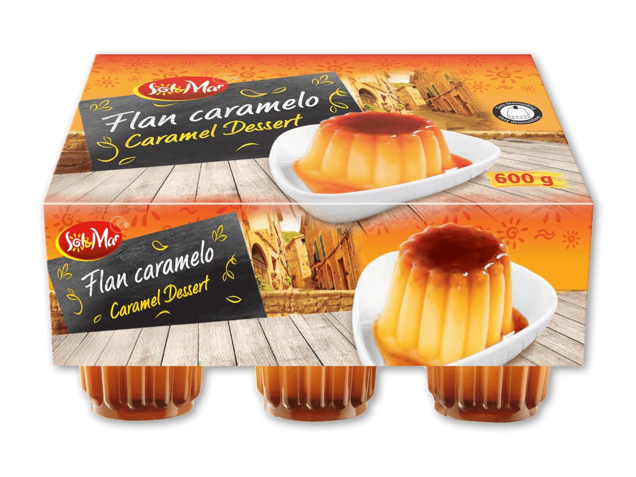 Karameldessert i en pakke med 600 g, med en illustration af en flan på en træbaggrund.