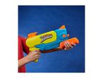 Child holding a yellow and blue water blaster with orange accents against a blue background.