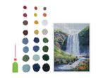 Diamond painting kit with a waterfall design, various colored beads, and tools.