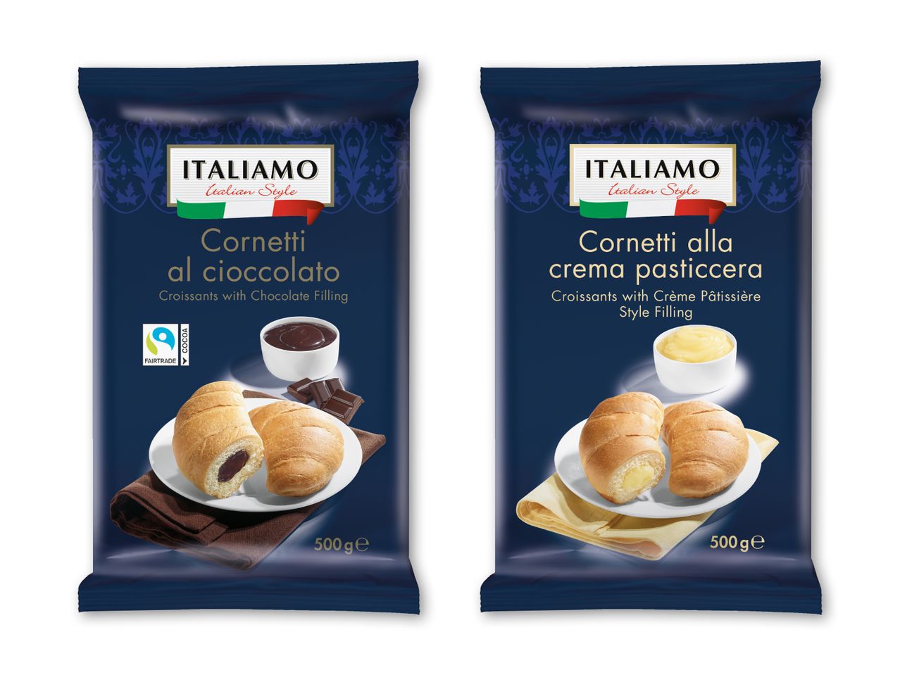 To pakker croissanter: en med chokoladefyld og en med creme patissiere-fyld.