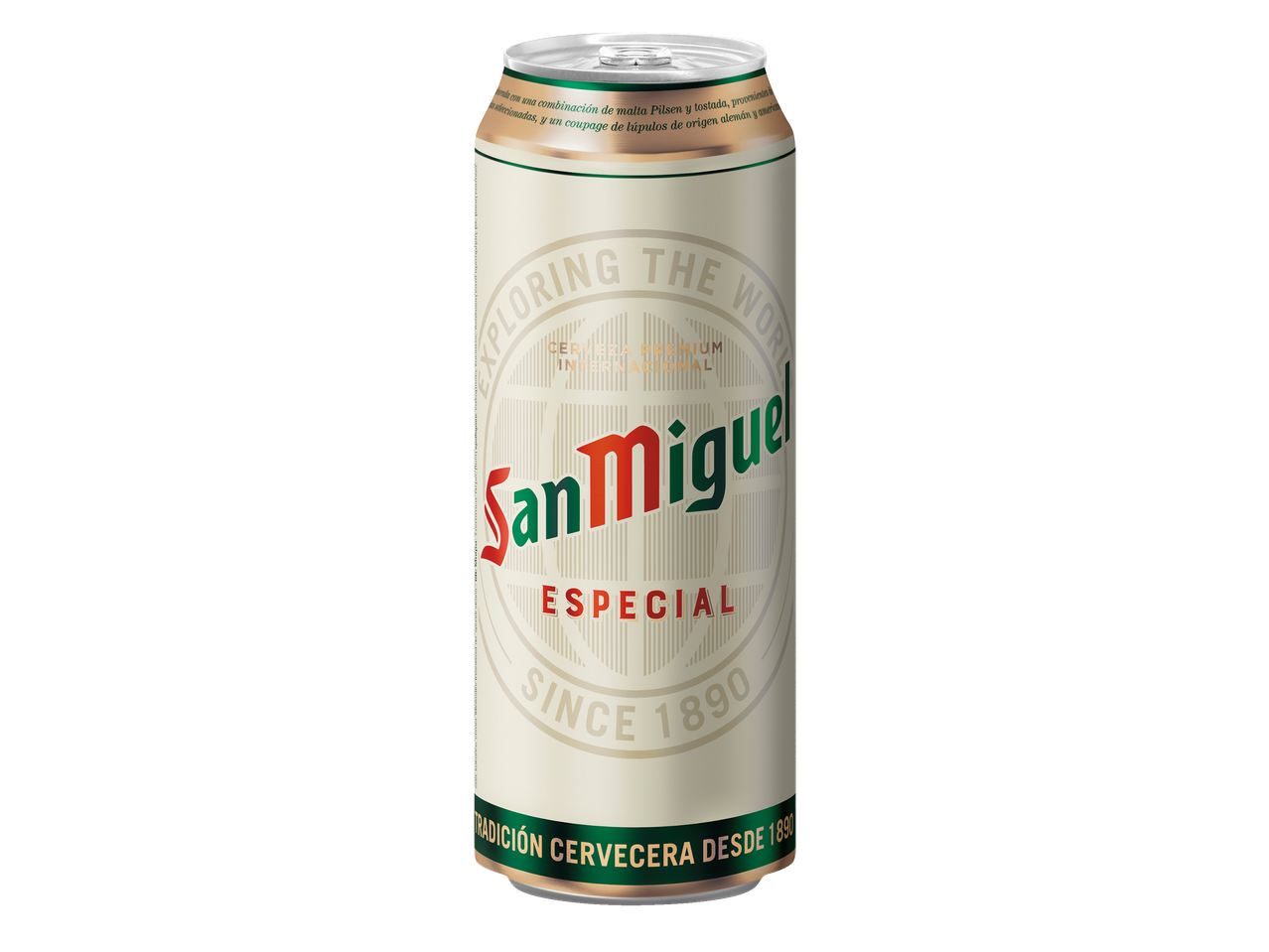 San Miguel Especial bierblik met een crème en groen etiket, met de merknaam en 'TRADICIÓN CERVECERA DESDE 1890'.