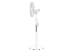 White pedestal fan with a round base and adjustable height