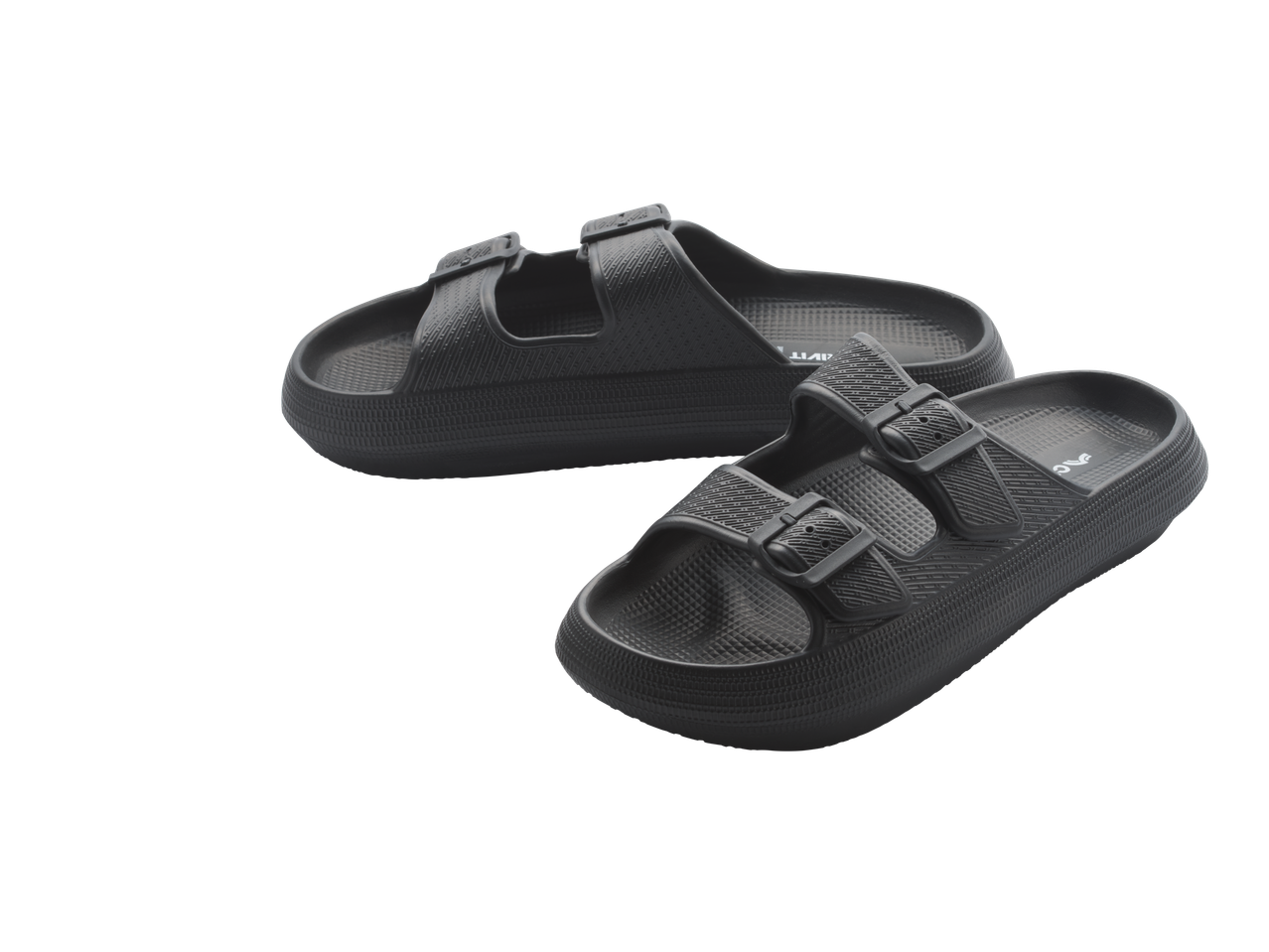 CRIVIT melnas dušas čības sievietēm/vīriešiem ar regulējamām sprādzēm.