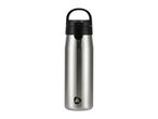 Stainless steel water bottle with a black handle and lid, featuring a small black triangular logo.
