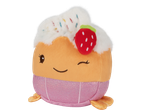 A plush toy shaped like a cupcake with a strawberry on top, featuring a winking face.