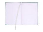 An open, blank notebook with a green cover and a white ribbon bookmark, isolated on a white background.