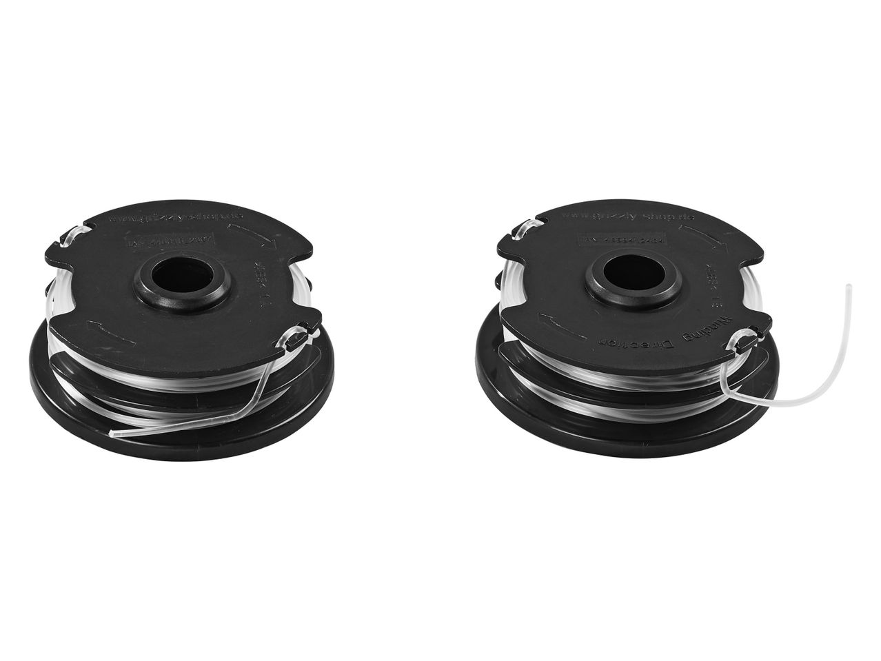 Two black spools of clear trimmer line for a weed eater.