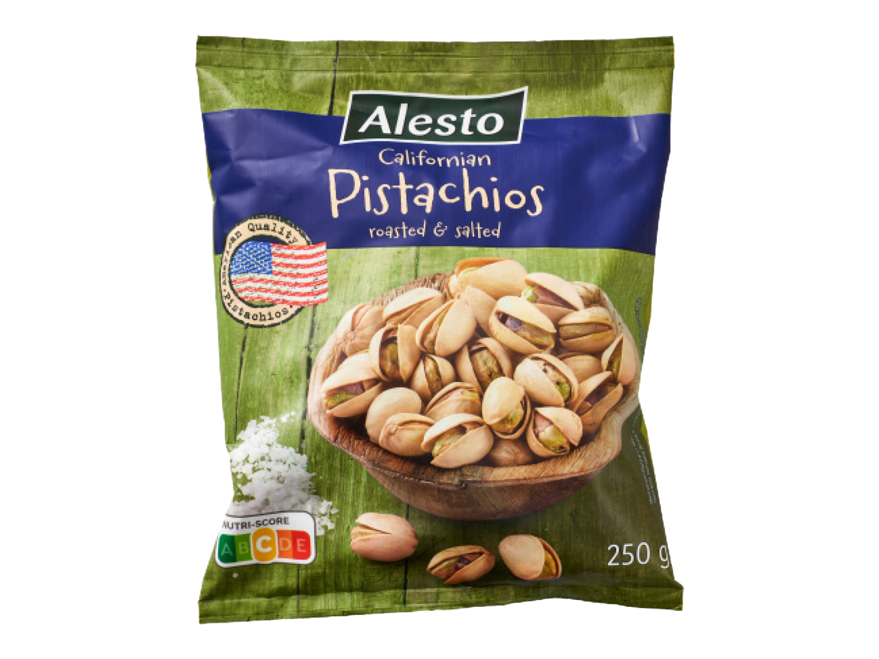 Alesto Kalifornijas pistācijas, grauzdētas un sālītas, 250g iepakojumā.