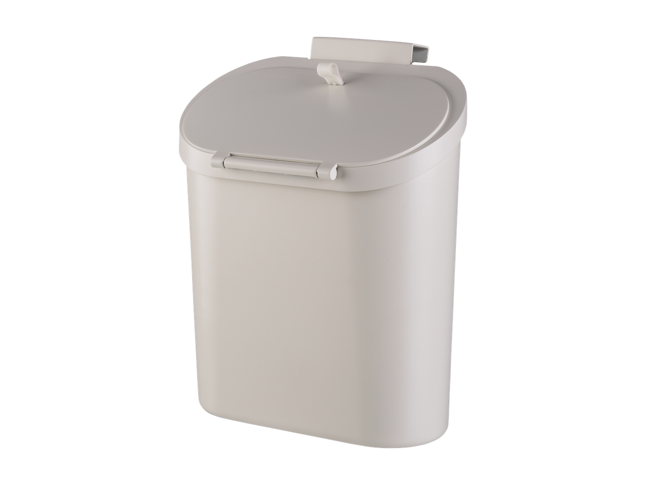 Bela stenska posoda za smeti z nagibnim pokrovom in ročajem.