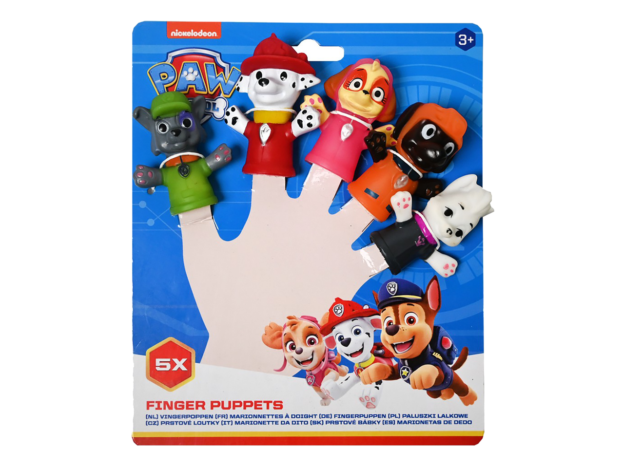 Set van 5 vingerpoppen met Paw Patrol-thema, geschikt voor kinderen vanaf 3 jaar.