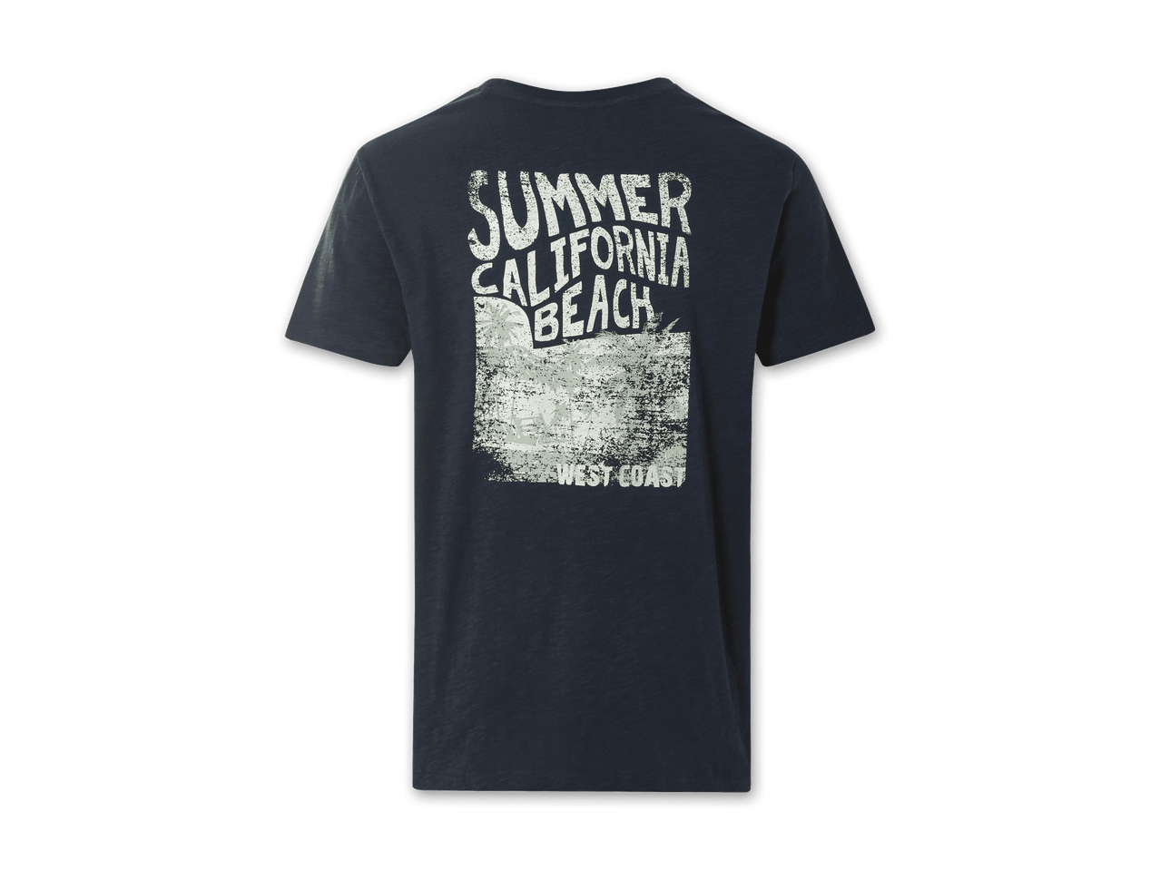 Dunkelblaues T-Shirt mit dem Aufdruck 'Summer California Beach'.