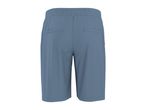 Back view of men's blue shorts with an elasticated waist and two back pockets.