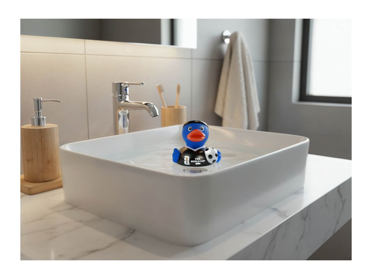 A blue rubber duck wearing a black shirt with 'FIFA World Cup 2022' and holding a soccer ball, floats in a white sink.