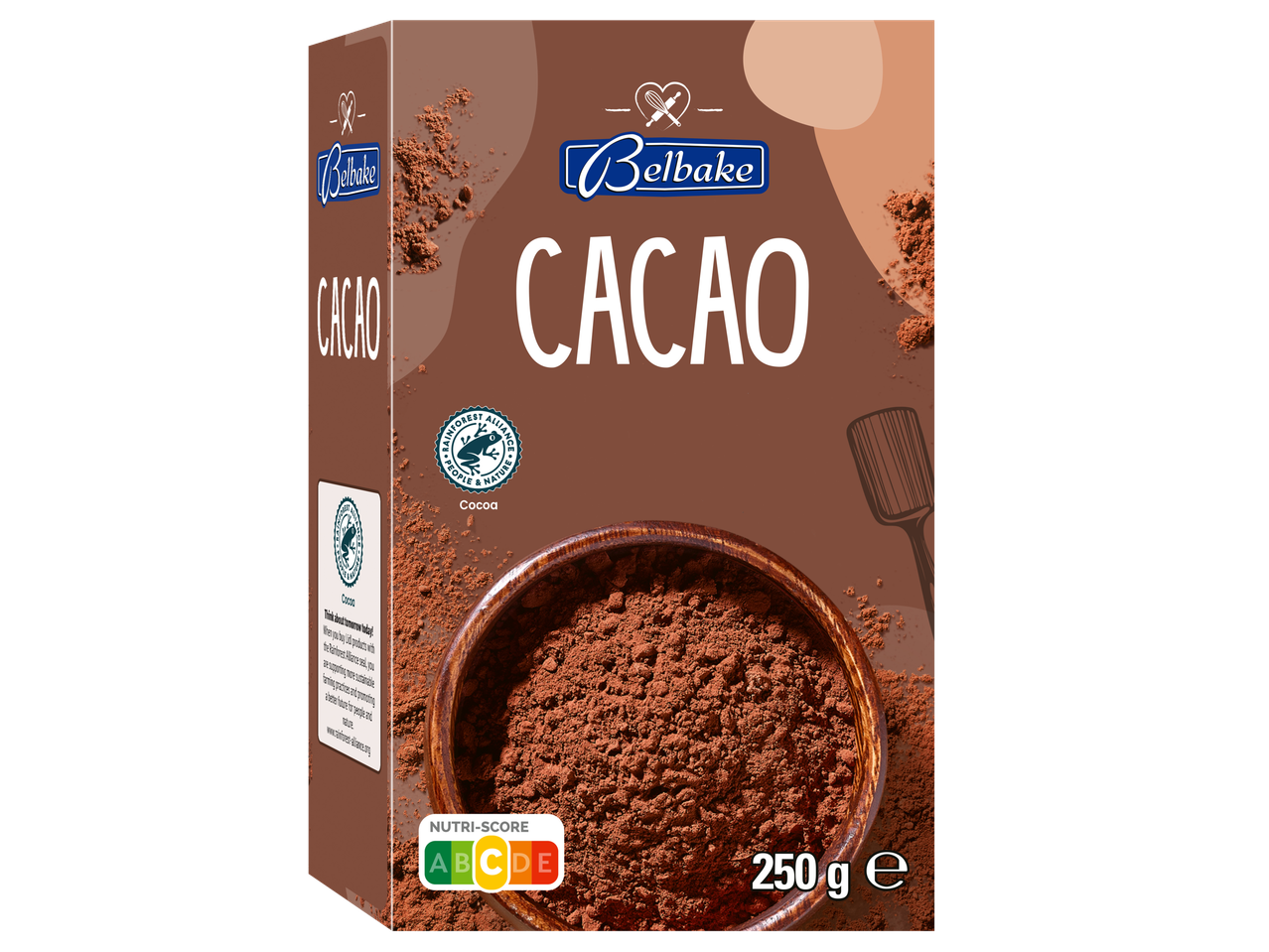 Une boîte de cacao Belbake avec un Nutri-Score C et un poids de 250g.