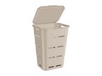 Beige plastic laundry hamper with lid open.