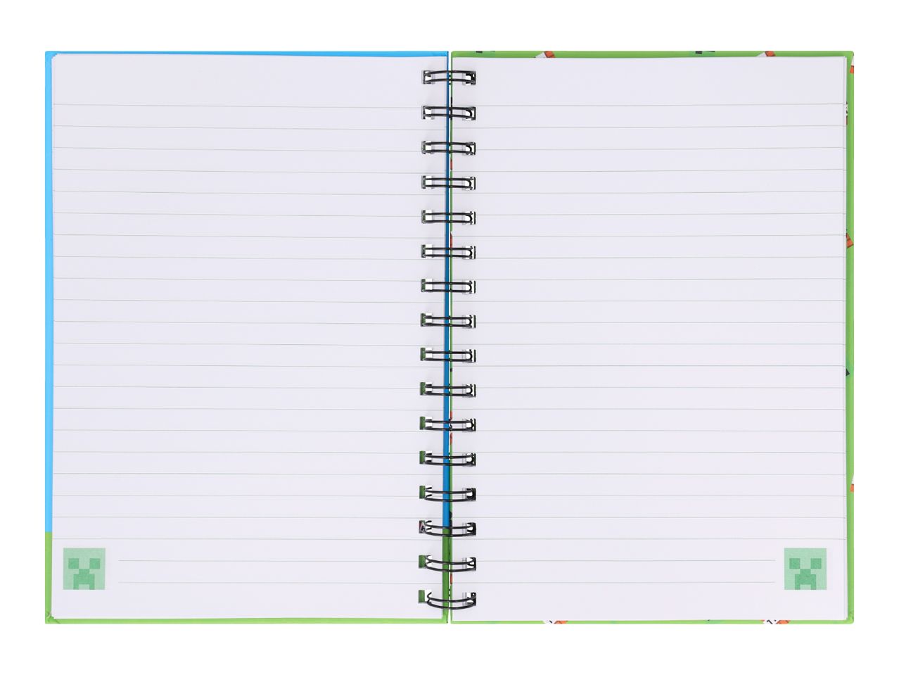 Open spiral-bound notebook with lined pages, featuring a pixelated green face in the bottom corners.