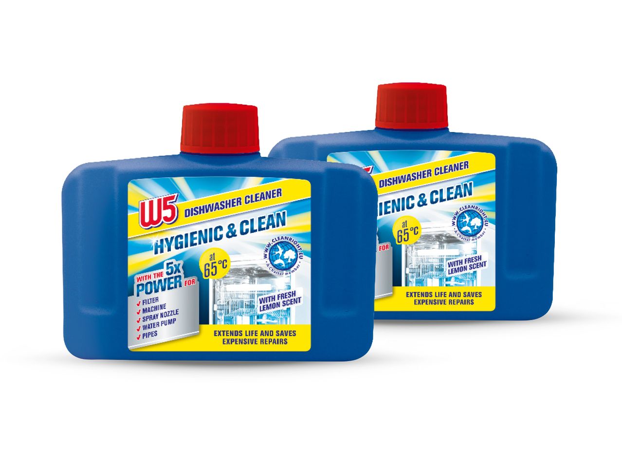 Dvije boce W5 sredstva za čišćenje perilice posuđa s natpisom 'Hygienic & Clean' i 'Lemon Scent'.