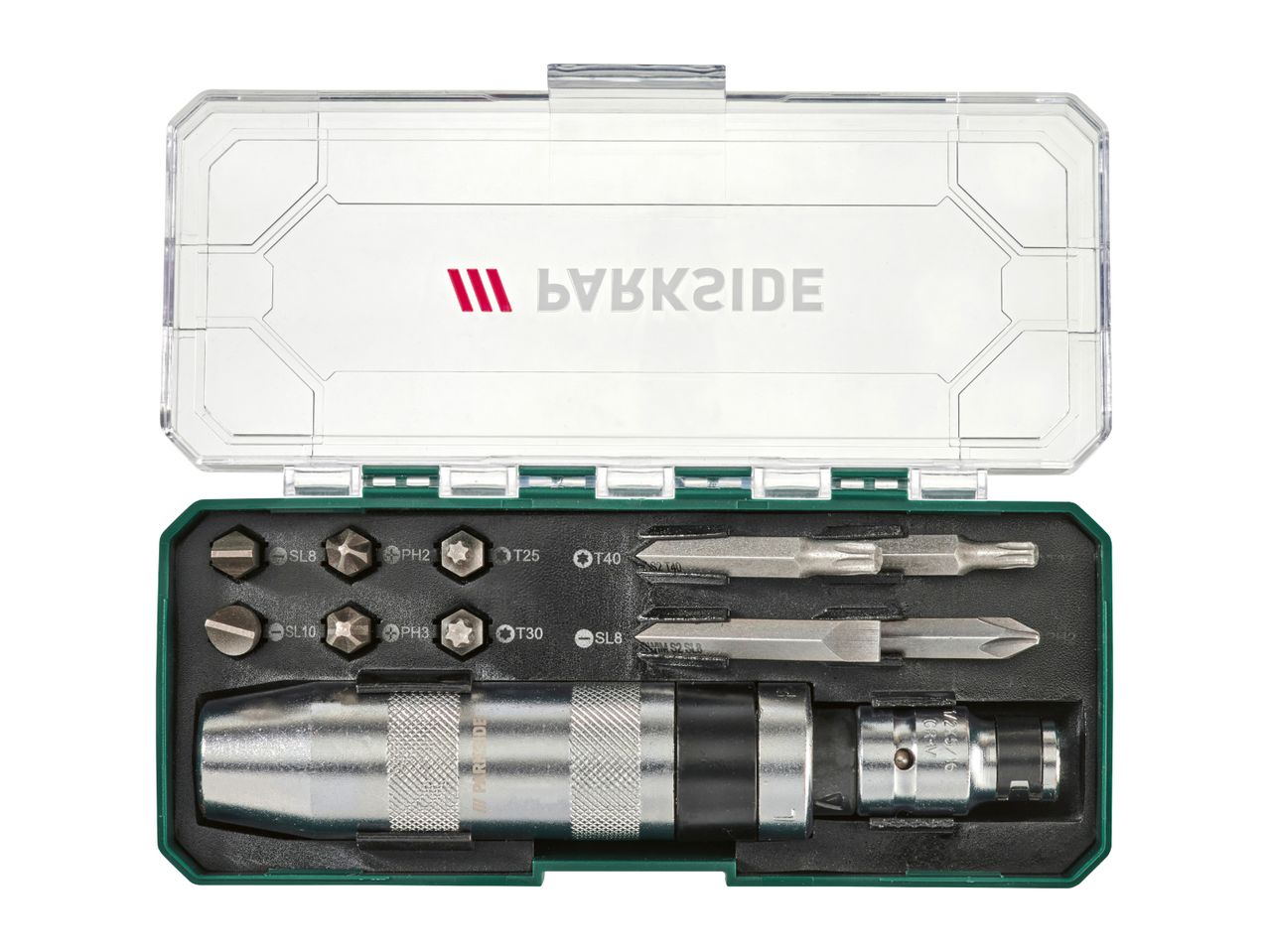 Impact driver set with various bits and a socket adapter in a clear and green case.
